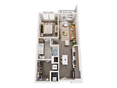 A floor plan of a small apartment with a kitchen, living room, and bathroom.